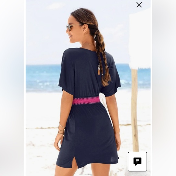 Navy LASCANA Women's Wrap Look Dress with Pink Waistband - Picture 3 of 7